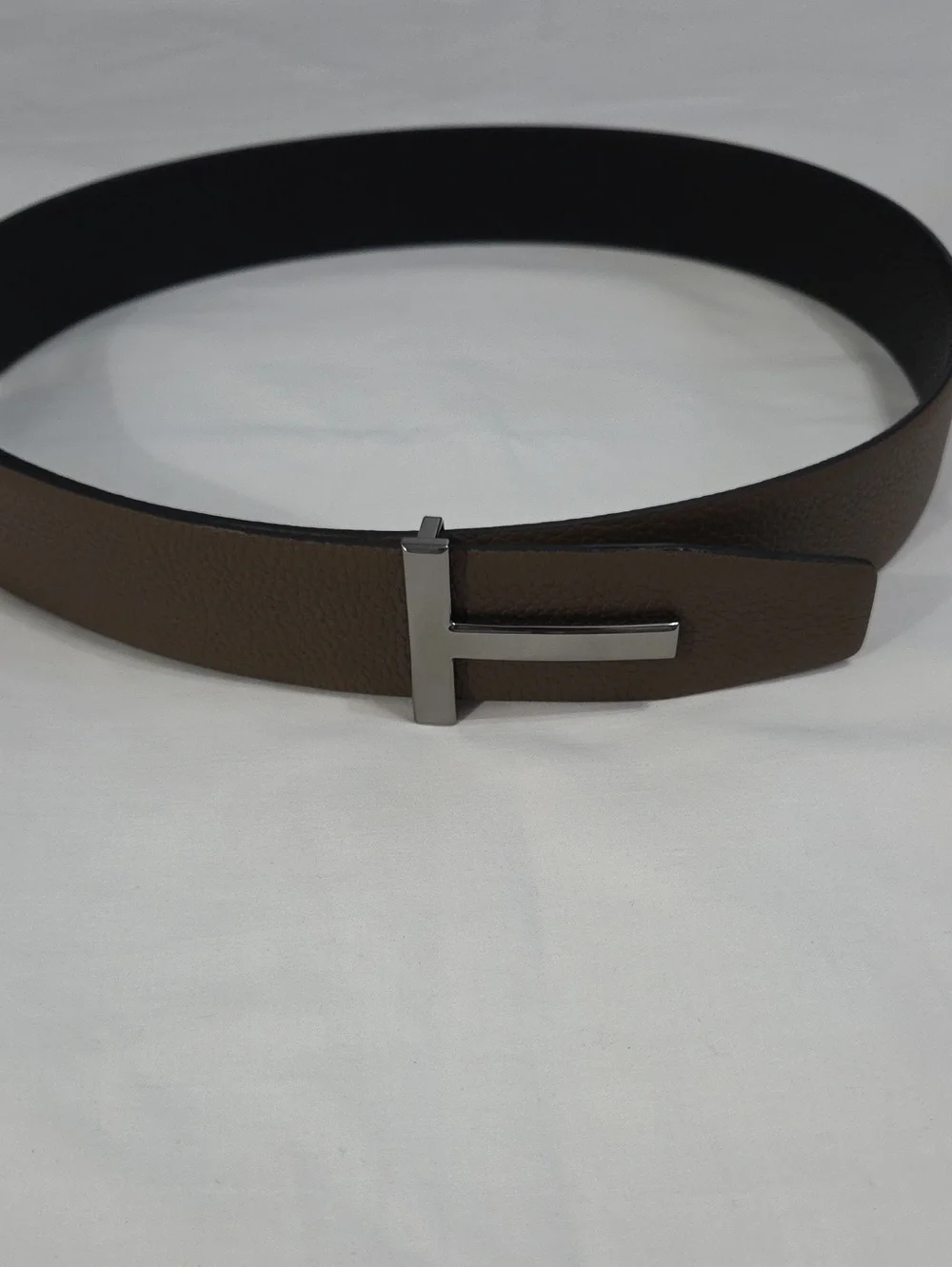 Tom Ford Black & Brown Leather Belt Dark T Buckle Accent